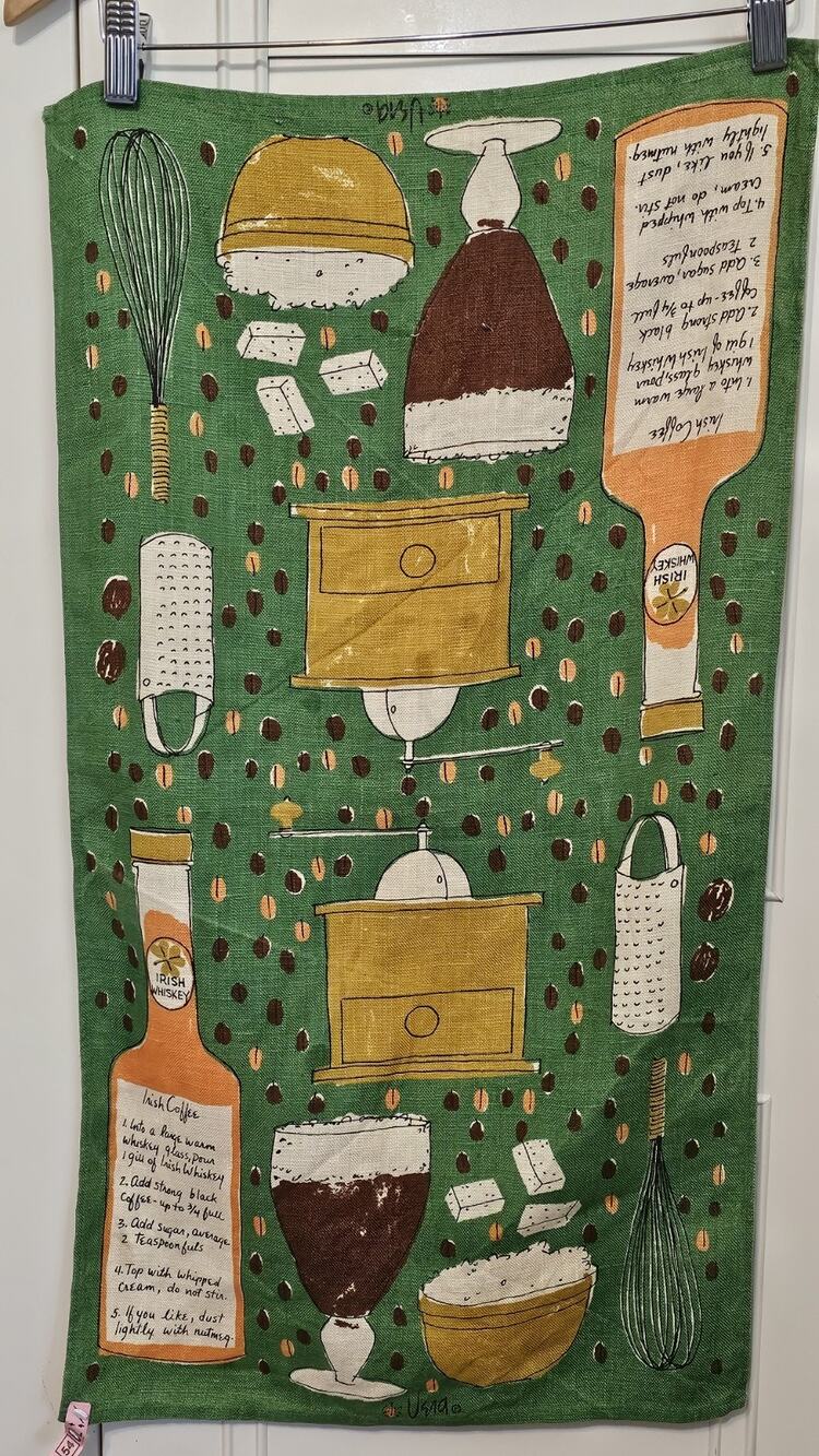 Vtg Vera Neumann Linen Tea Towel Irish Coffee Recipe Green Mid Century Modern